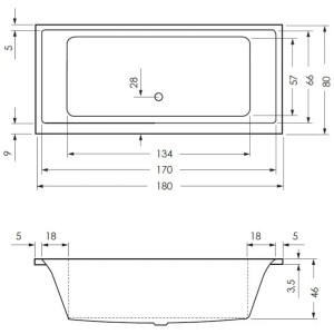 Technische Zeichnung der Steinkamp Badewanne Life, 180x80 cm, mit Maßen.