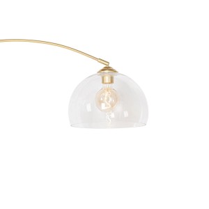 Moderne Bogenlampe Arc aus Messing mit klarem Glasschirm. Elegante Innenleuchte für Wohnräume.