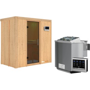 Karibu Sauna Vera mit Bio-Ofen und Glastür Bronze, Massivholzsauna für entspannte Stunden.