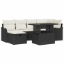 Schwarzes 7-teiliges vidaXL Garten-Sofa-Set aus Poly Rattan mit Kissen und Tisch.