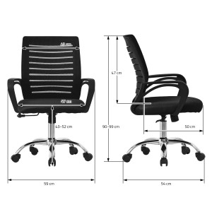 ML-Design Bürostuhl, ergonomisch, schwarz, mit Maßangaben zu Höhe, Breite und Tiefe.