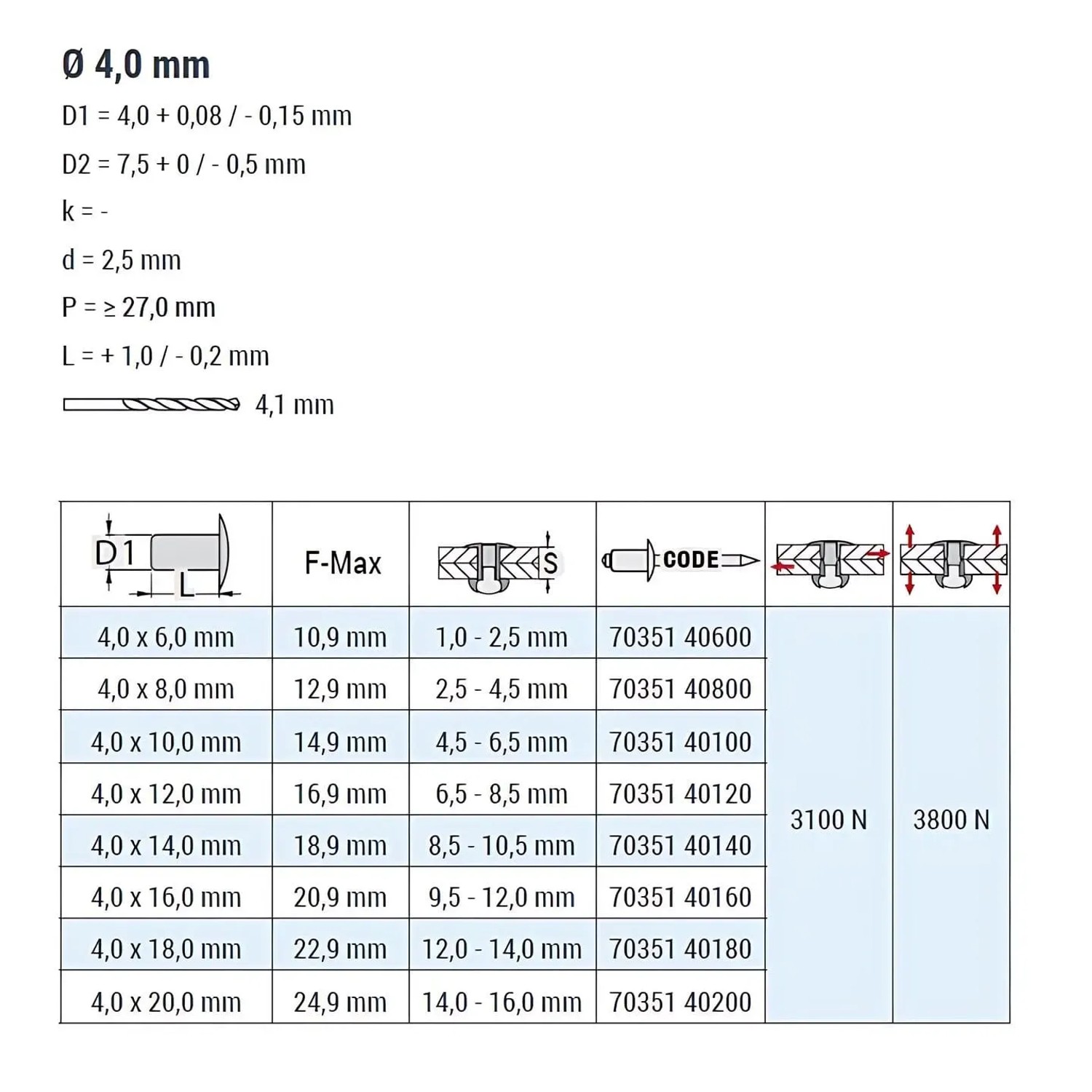 Abbildung von GOEBEL 500 Senkkopf Nieten Edelstahl A2 V2A 4,0 x 14,0 mm, technische Zeichnung.