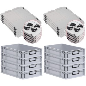 PROREGAL SuperSparSet: 8 graue Euroboxen mit schwarzen Griffen und Auflagedeckel. Aufbewahrungsboxen.