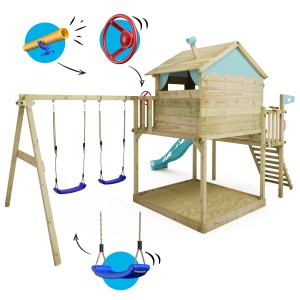 Wickey Spielturm Smart Coast mit Rutsche, Schaukel und Sandkasten in Pastellblau.