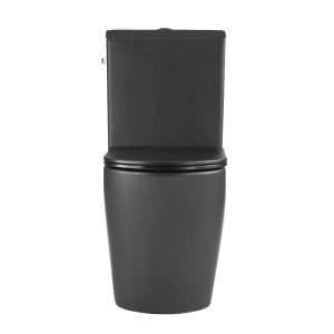 Modernes, matt schwarzes Stand-Kombi-WC mit SoftClose-Sitz. Voll verkleidet, spülrandlos für hygienisches Bad.