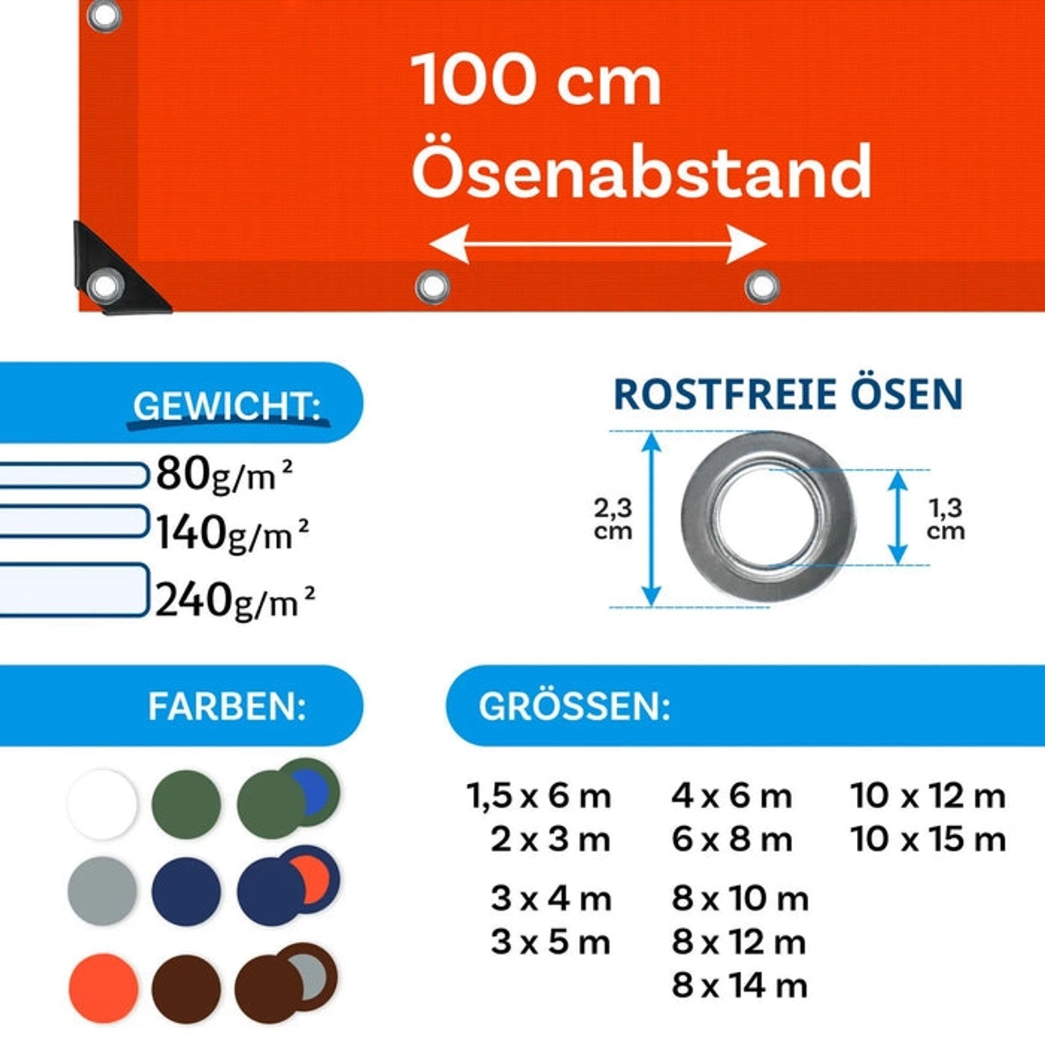 Karat Abdeckplane Wasserdichte Plane mit Ösen Schutzplane 140 g/m² 2 x 3 m Orange_4