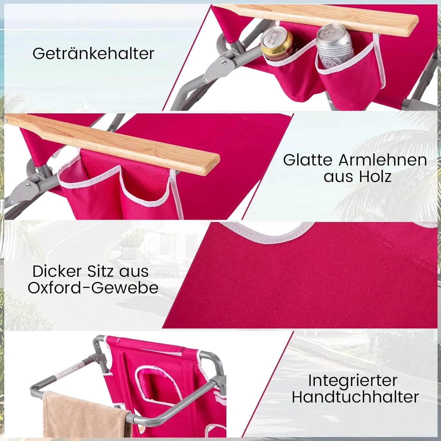 Costway Rankgitter 2er Set: Details wie Getränkehalter, Armlehnen, Sitz und Handtuchhalter.