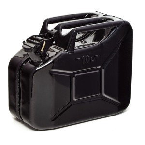 Schwarzer 10L Metall Kraftstoffkanister für Benzin, Diesel & E10, TÜV-geprüft.