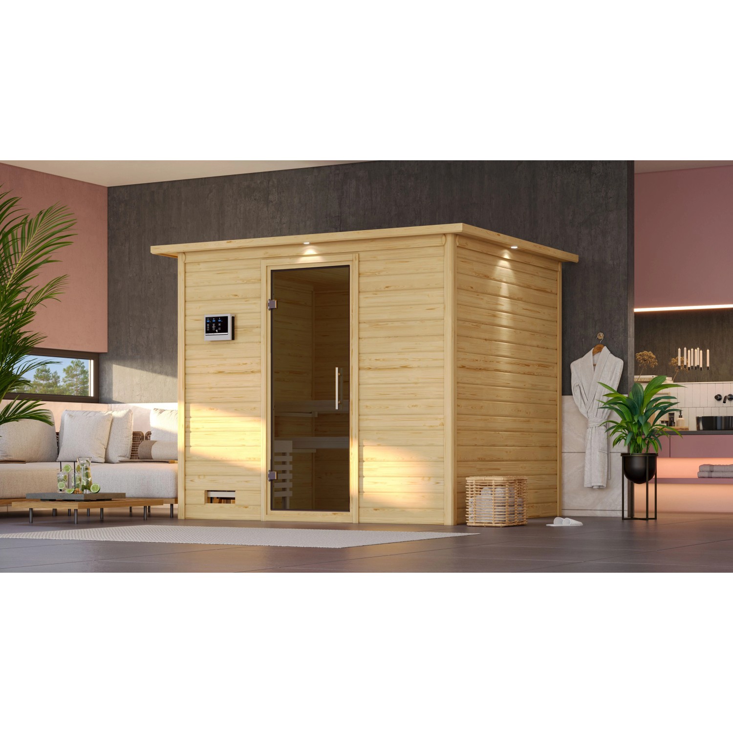 Karibu Sauna Sarina mit Bio-Ofen externe Stg.LED-Dachkranz Grap Natur günstig online kaufen