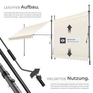 Tectake Klemmmarkise  Mit Handkurbel Uv Beständig 250 x 180 cm 180 x 250 x 304 cm Beige