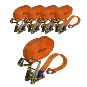 5 orangefarbene Ratschen Spanngurte, 6m lang, 2t Zugkraft, zur Ladungssicherung.