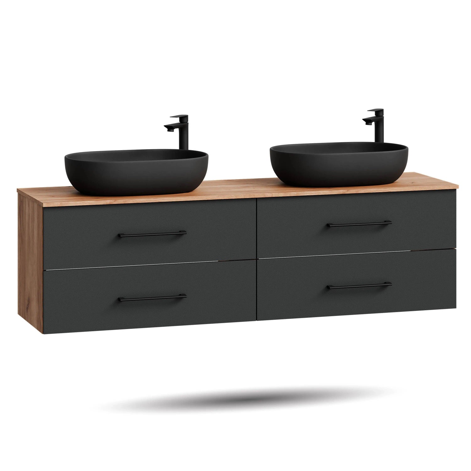Planetmöbel LUX Doppelwaschtisch 180 cm mit 2 Aufsatzwaschbecken 60 cm Schwarz Soft Close