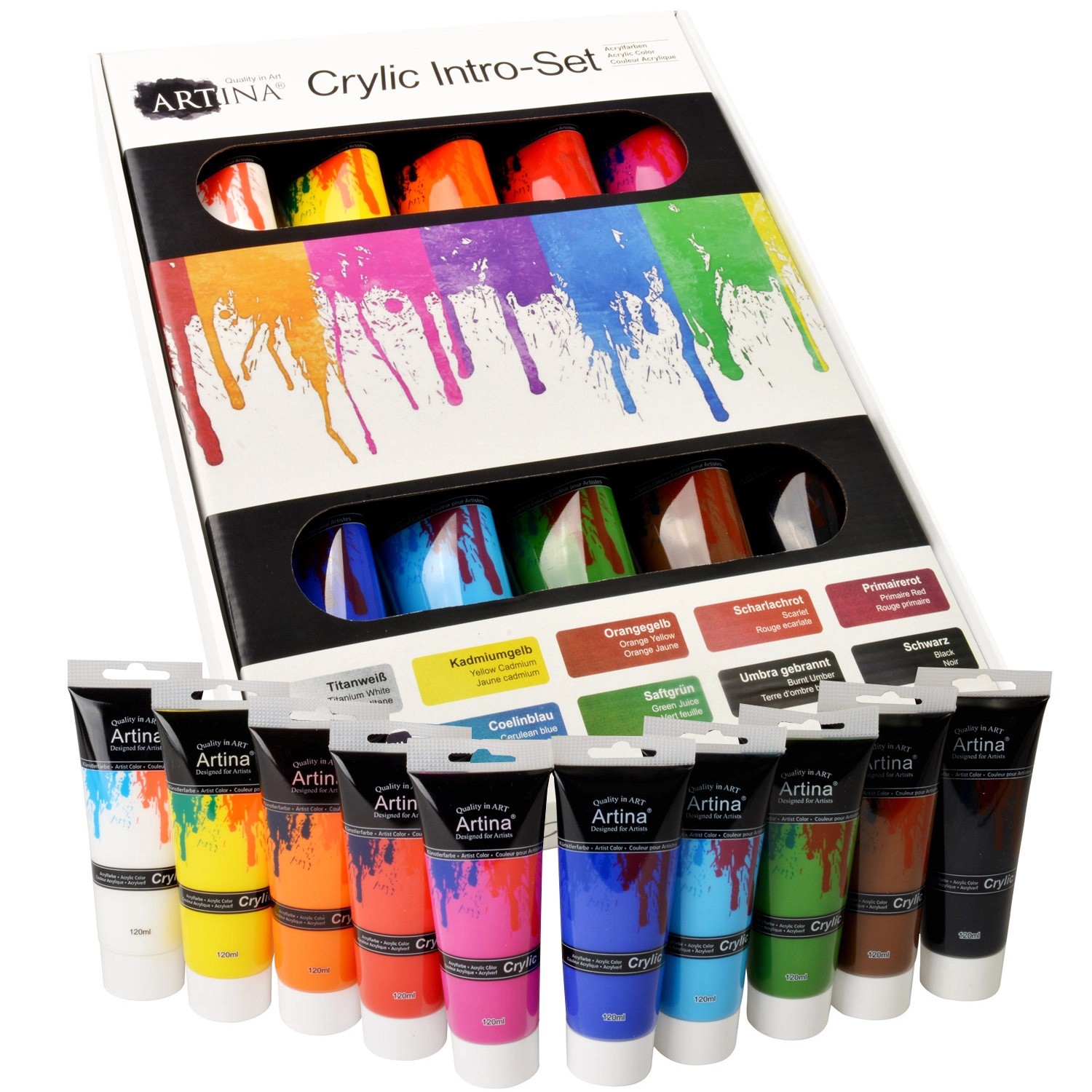 Artina Crylic Acrylfarben Set, 10 Farben à 120ml, Künstlerfarben für Keilrahmen und mehr.
