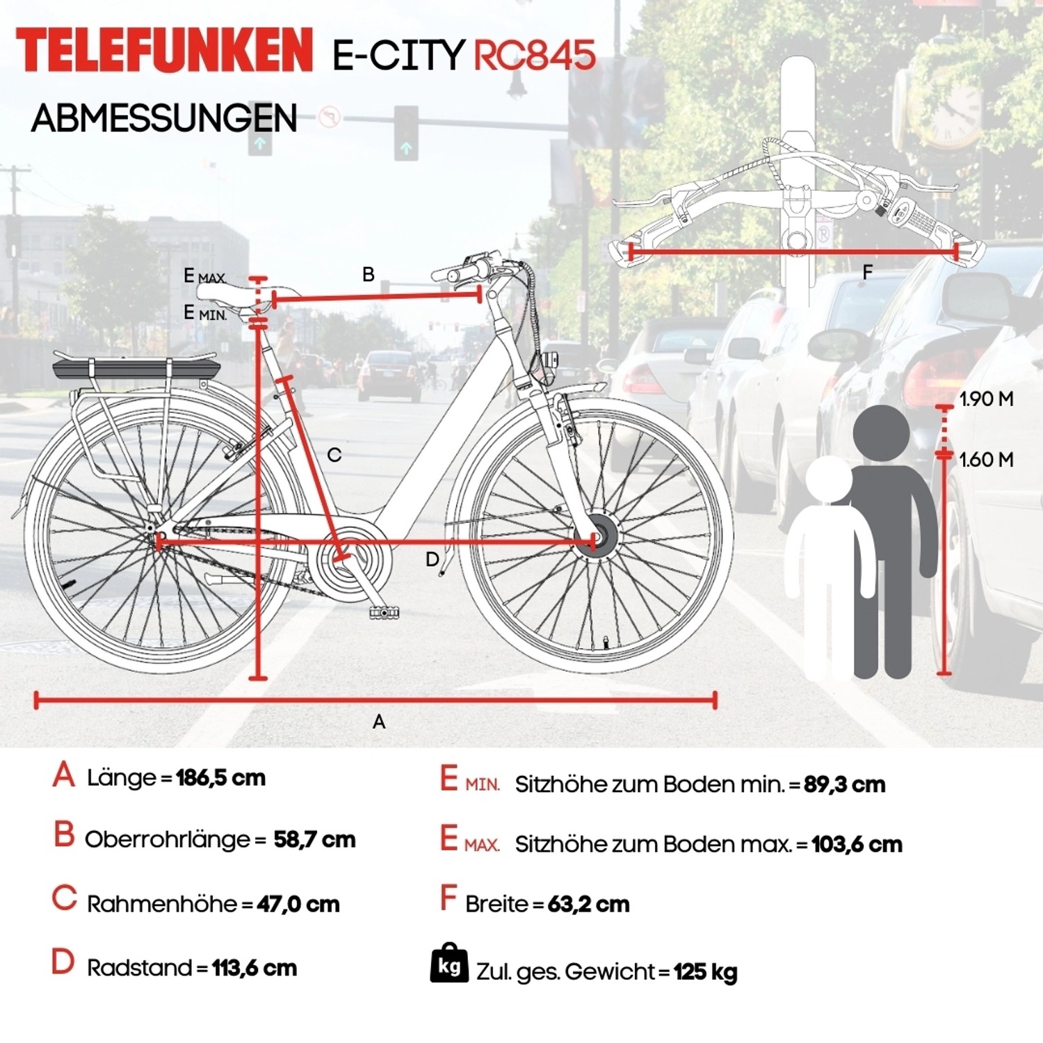 Abmessungen Telefunken City E-Bike RC845: Länge, Höhe, Breite und Radstand im Überblick.