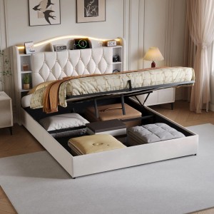 PXloue Doppelbett 140x200 cm Beige Jugendbett mit Stauraum LED & USB Ladestation