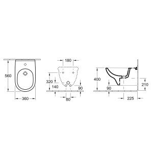 Technische Zeichnung: Villeroy & Boch O.novo Bidet, wandhängend, weiß, mit Maßen.