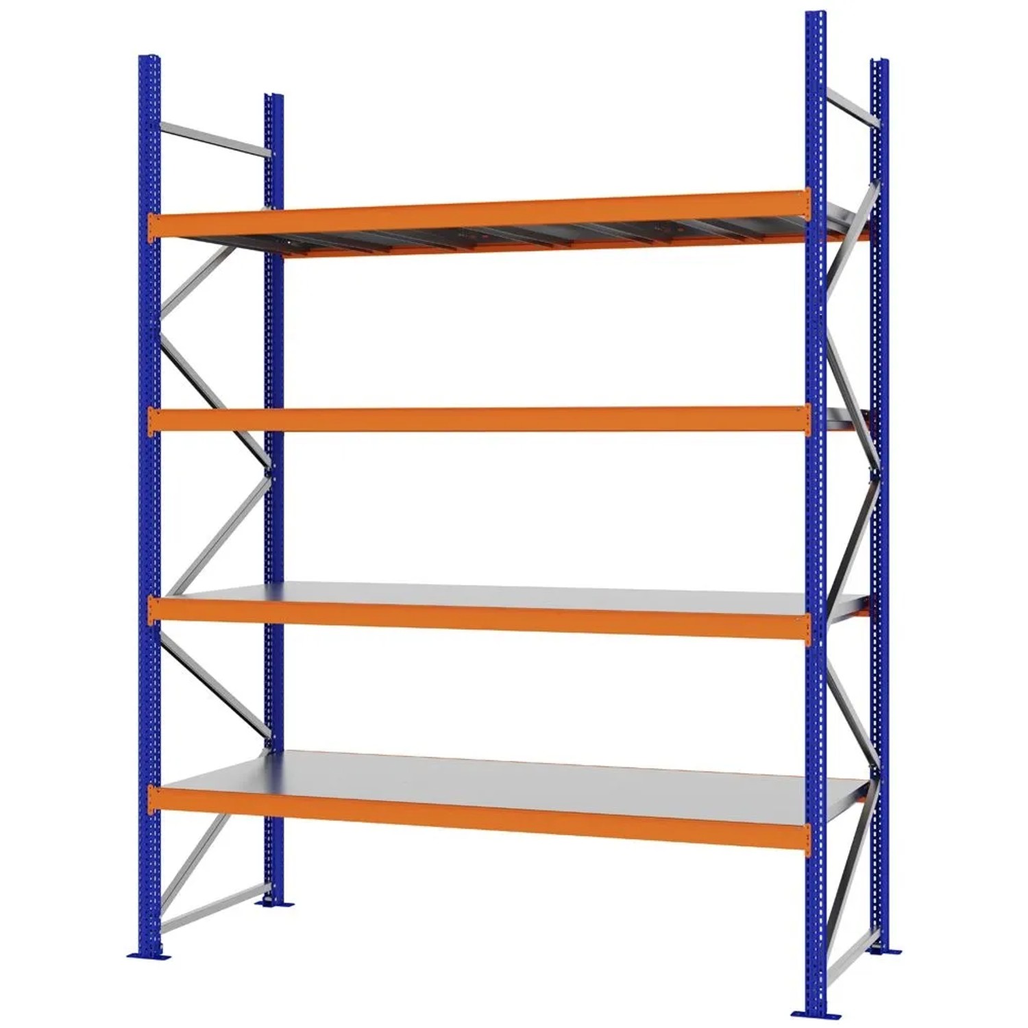 PROREGAL Weitspannregal Schraub-Stecksystem MAGNUS PRO Made In Germany Grundregal 300x225x80cm 4 Ebenen Stahlböden Fachlast 520kg Blau/Orange