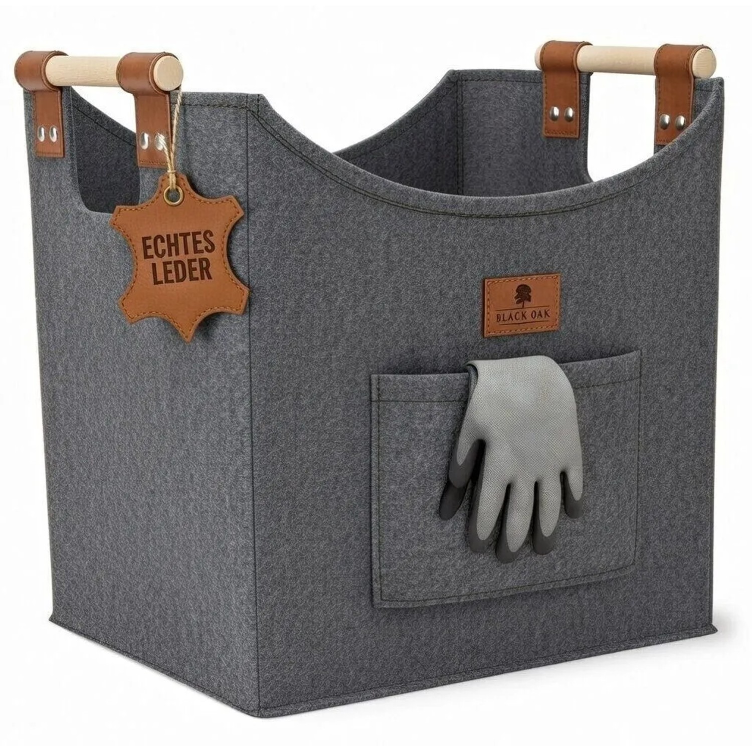 BLACK OAK Holzkorb MONTANA XL 60L Grau aus Filz mit Echtleder Applikationen – Kaminholzkorb für Brennholz Stabil mit Gri...