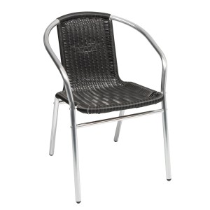 Stapelbarer Bistrostuhl aus Polyrattan und Aluminium in Silber und Schwarz. Gartenstuhl für Balkon und Terrasse.