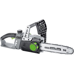 LUX Akku-Kettensäge A-KS-20/25 Set mit Akku und Ladegerät. Kompakte Bauweise, graues Gehäuse.