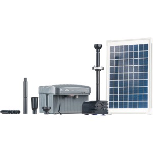 Heissner Solar-Teichpumpen-Set mit LED, 750 l/h, mit Solarmodul, Pumpe, Akku und Wasserspielaufsätzen.