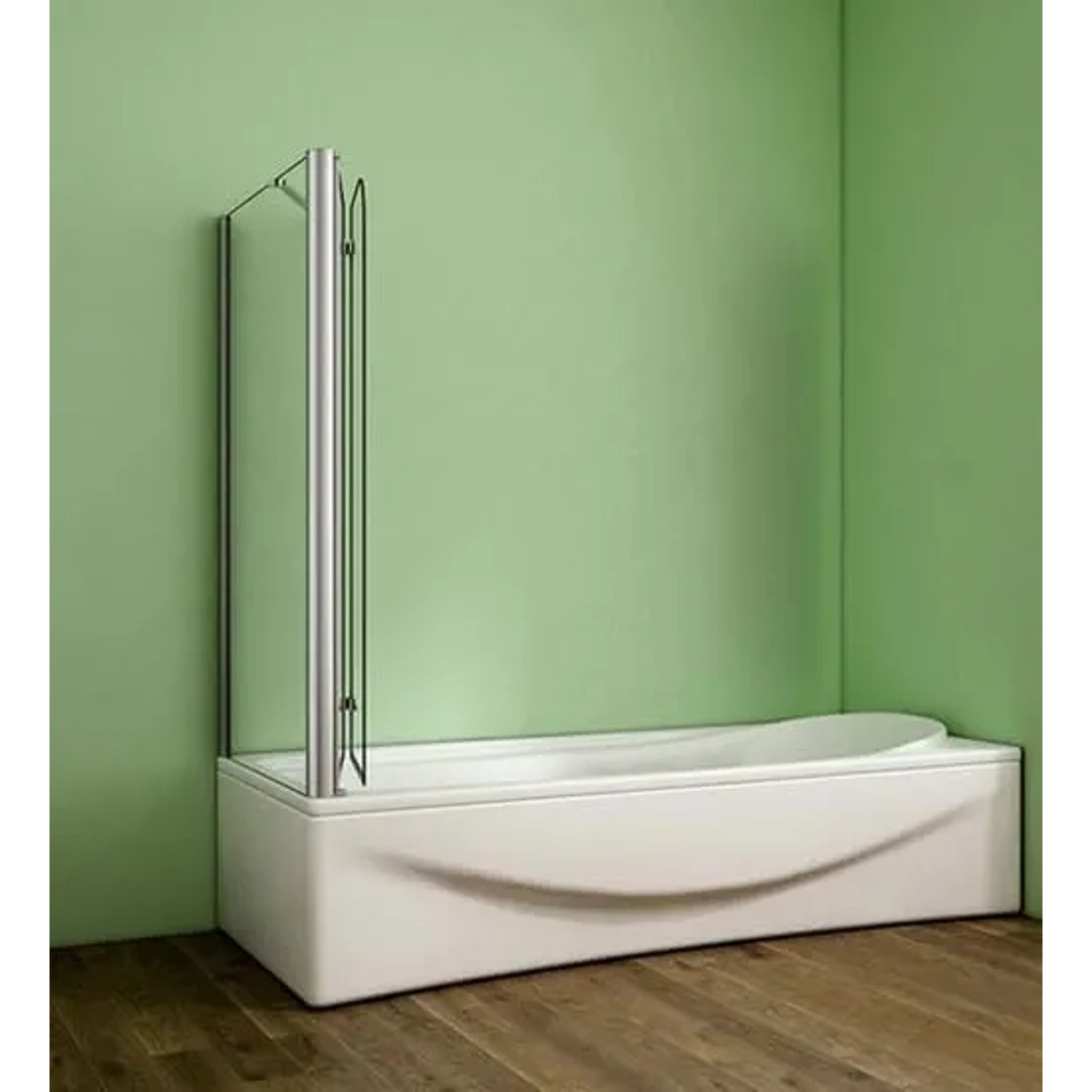 Badewannenaufsatz mit Faltwand und fester Seitenscheibe aus Klarglas auf einer Badewanne.