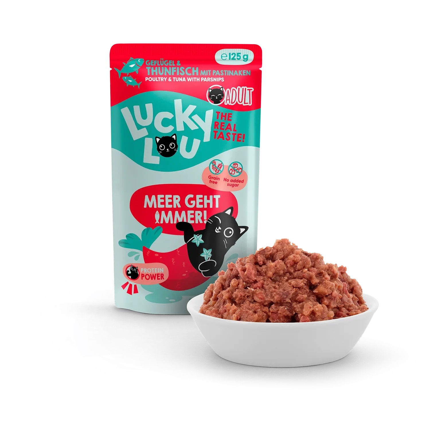 Lucky Lou Katzen-Nassfutter Adult Geflügel & Thunfisch, 125g im Napf.