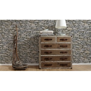 A.S. Creation Papiertapete Dekora Natur Bruchsteine Braun an Wand hinter Kommode.