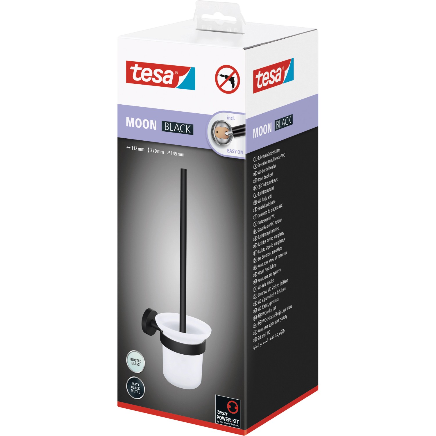 Verpackung des Tesa WC-Bürstenhalters Moon Schwarz Matt mit Klebelösung.