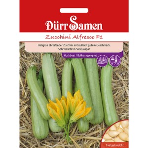 Dürr Samen Zucchini Alfresco F1 Saatgut Packung mit hellgrünen Zucchini und gelben Blüten.