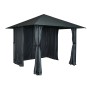 Anthrazitfarbene MCW Pergola J63 mit Dach und vier Seitenwänden als Terrassenüberdachung.