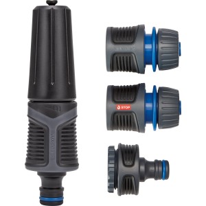 LUX Reinigungsspritz-Set, 4-teilig: Spritzdüse, Hahn- und Schlauchanschlüsse für Gartenschläuche.