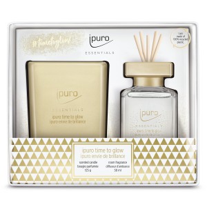Ipuro Essentials Time To Glow Set: Raumduft und Duftkerze in Goldoptik für ein strahlendes Ambiente.