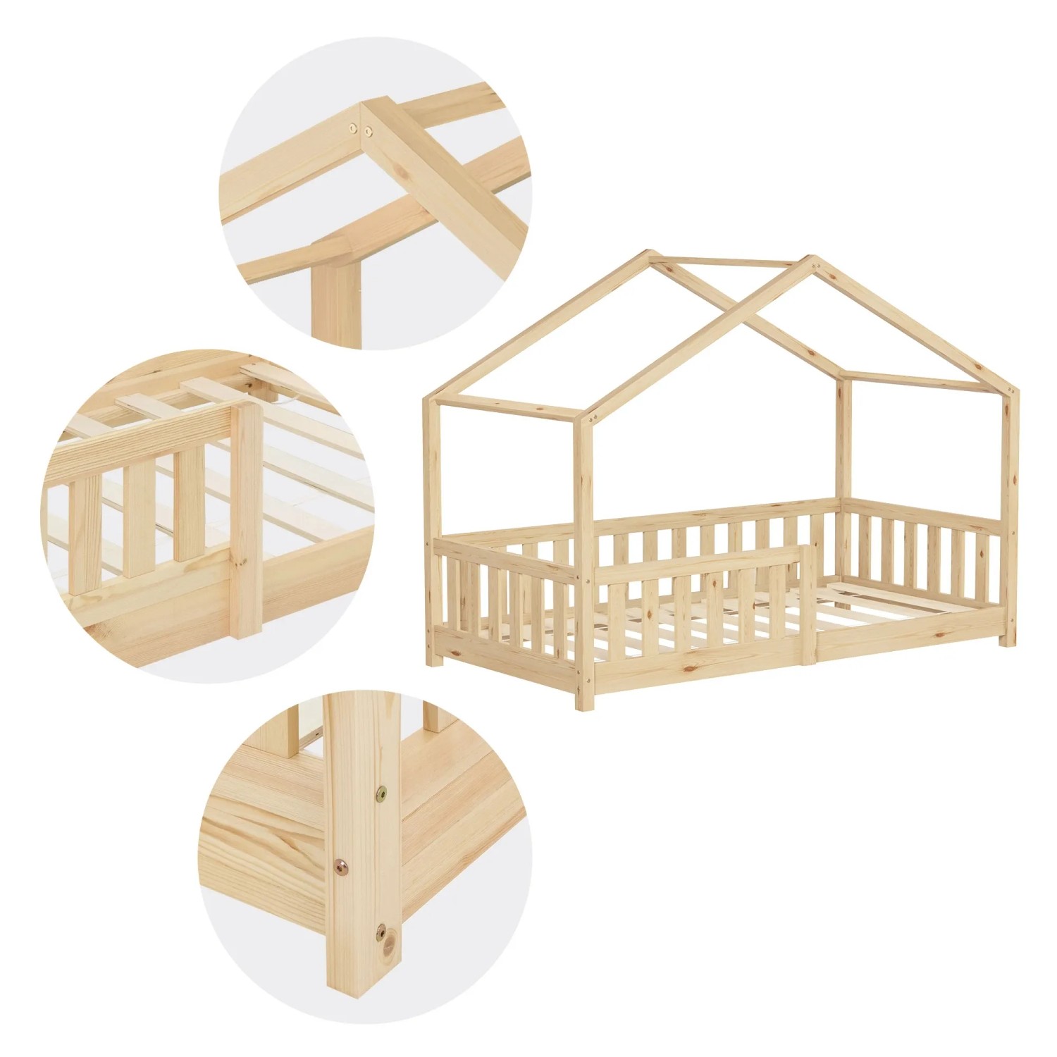 ML-Design Hausbett 80x160 cm, Kiefer Natur mit Rausfallschutz. Kinderbett im Haus-Design.