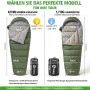 Sekey Mumienschlafsack, 0,9kg & 1,7kg, grün, für Camping und Outdoor. Abmessungen und Packmaße dargestellt.