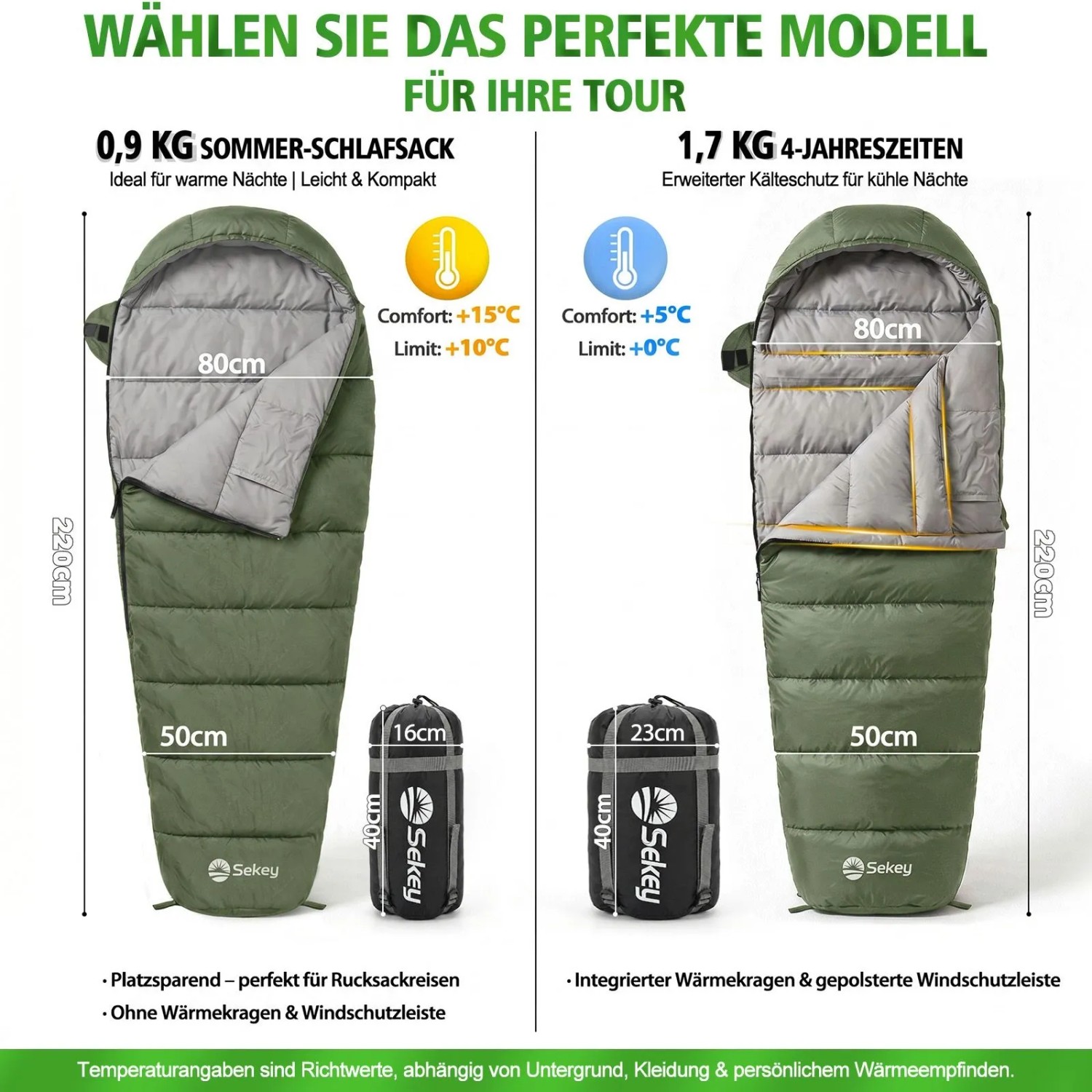 Sekey Mumienschlafsack, 0,9kg & 1,7kg, grün, für Camping und Outdoor. Abmessungen und Packmaße dargestellt.