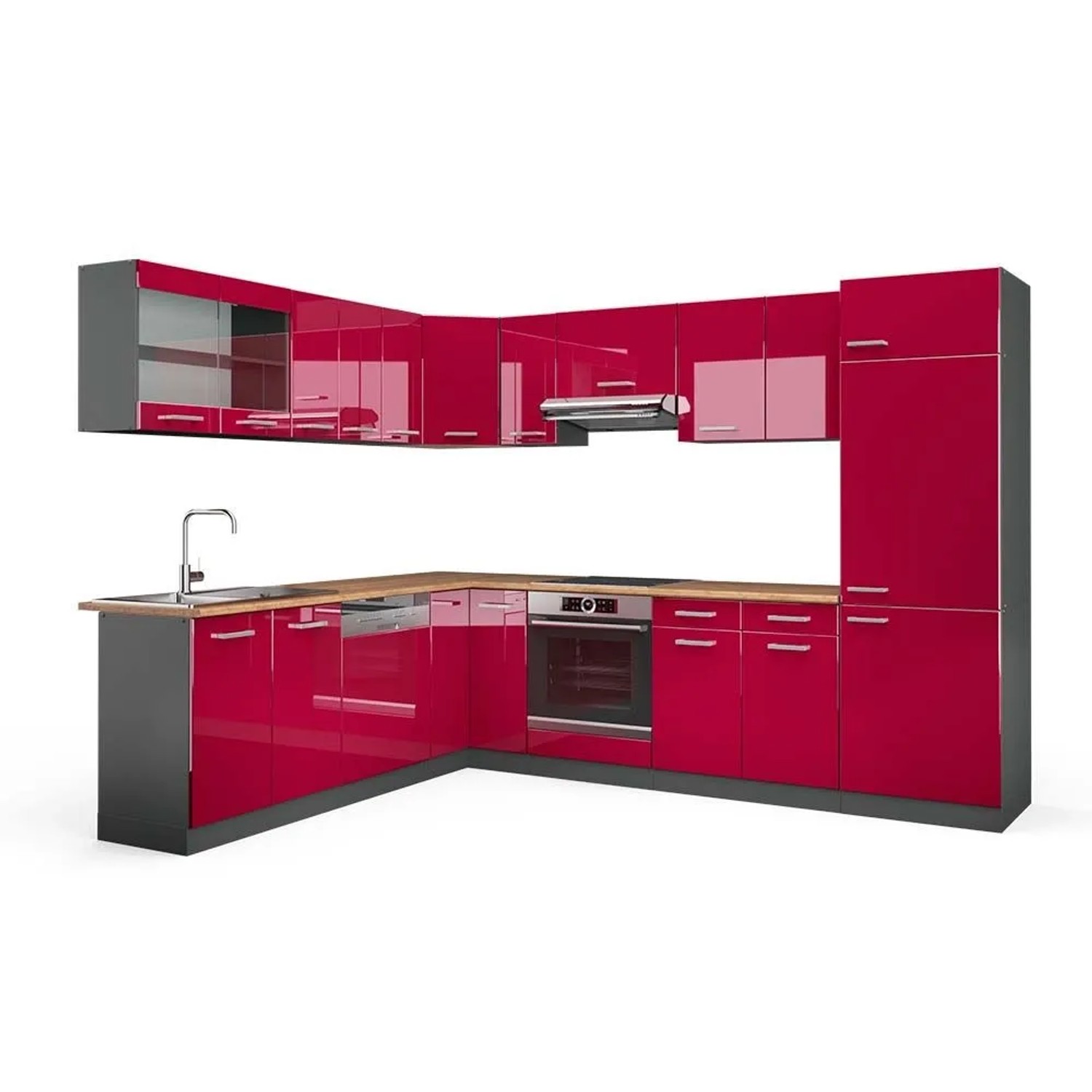 Vicco Eckküche R-Line Rot Hochglanz/Anthrazit 287 x 82, AP Eiche