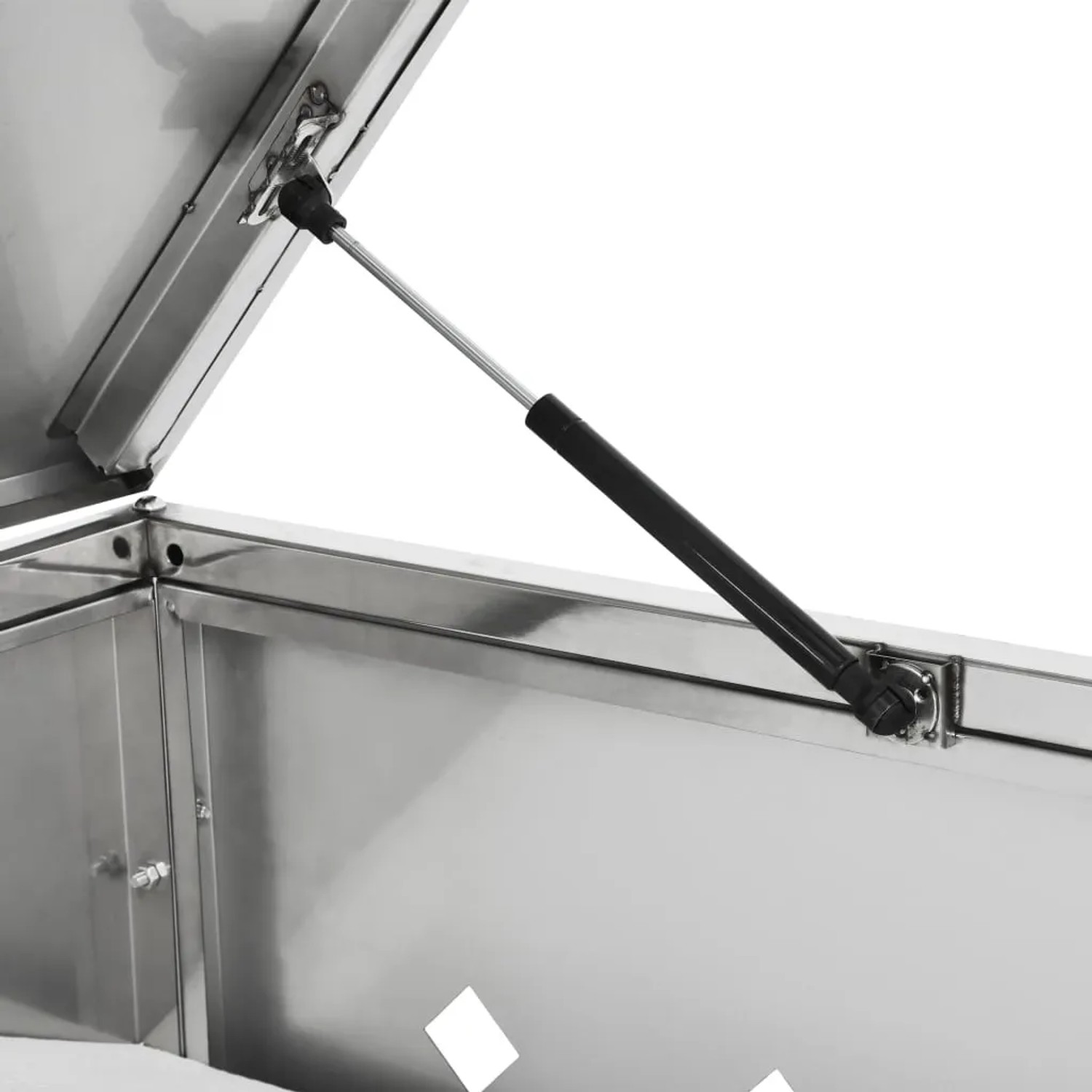 Detailaufnahme: Geöffnete Mülltonnenbox aus Edelstahl für 4 Tonnen, mit Dämpfer.