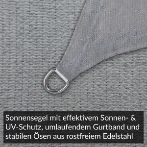Detailaufnahme: Hellgraues Toldoro Sonnensegel Dreieck mit Edelstahl-Öse.