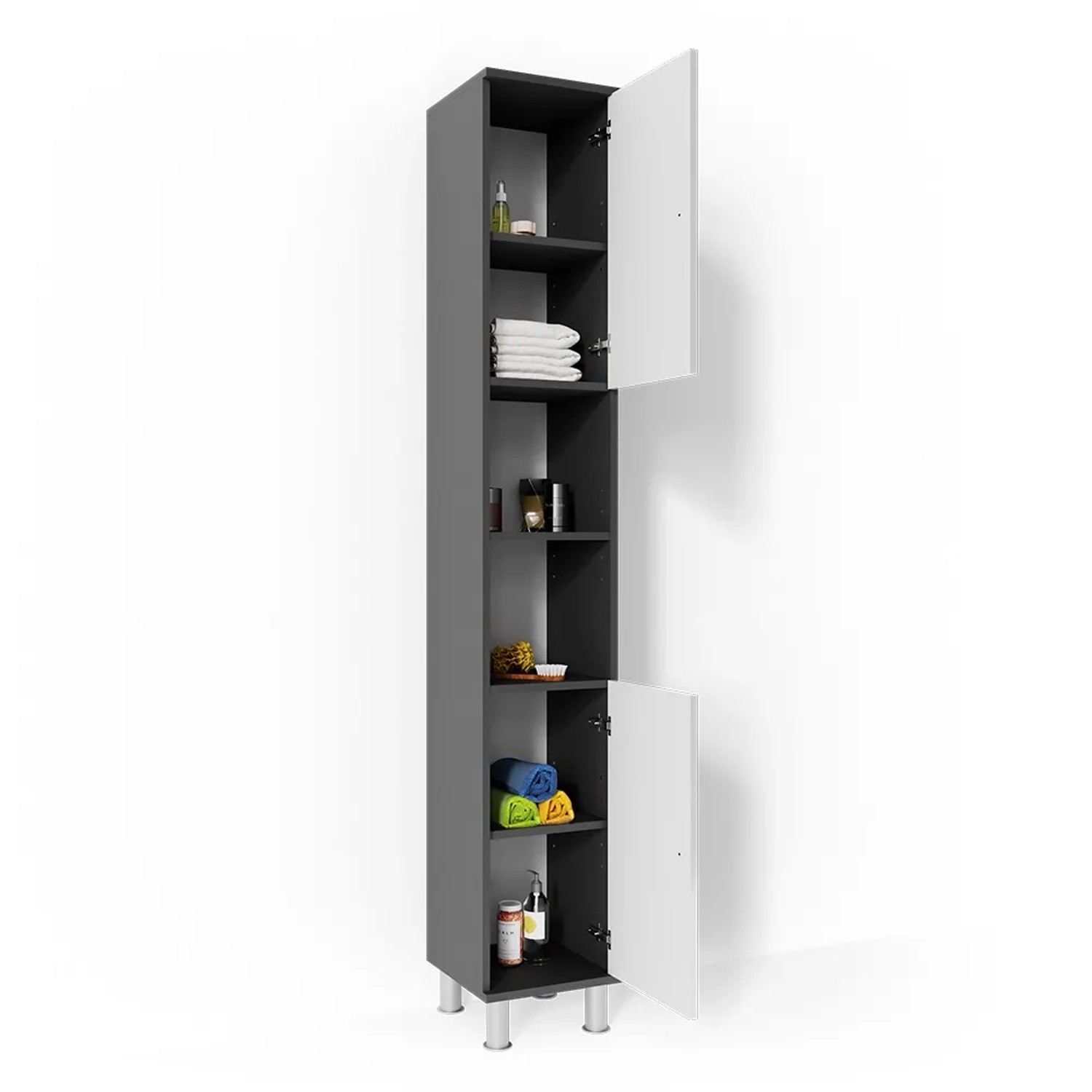 Vicco Badschrank Fynn, anthrazit/weiß hochglanz, 30x190 cm, mit offenen Fächern und zwei Türen.