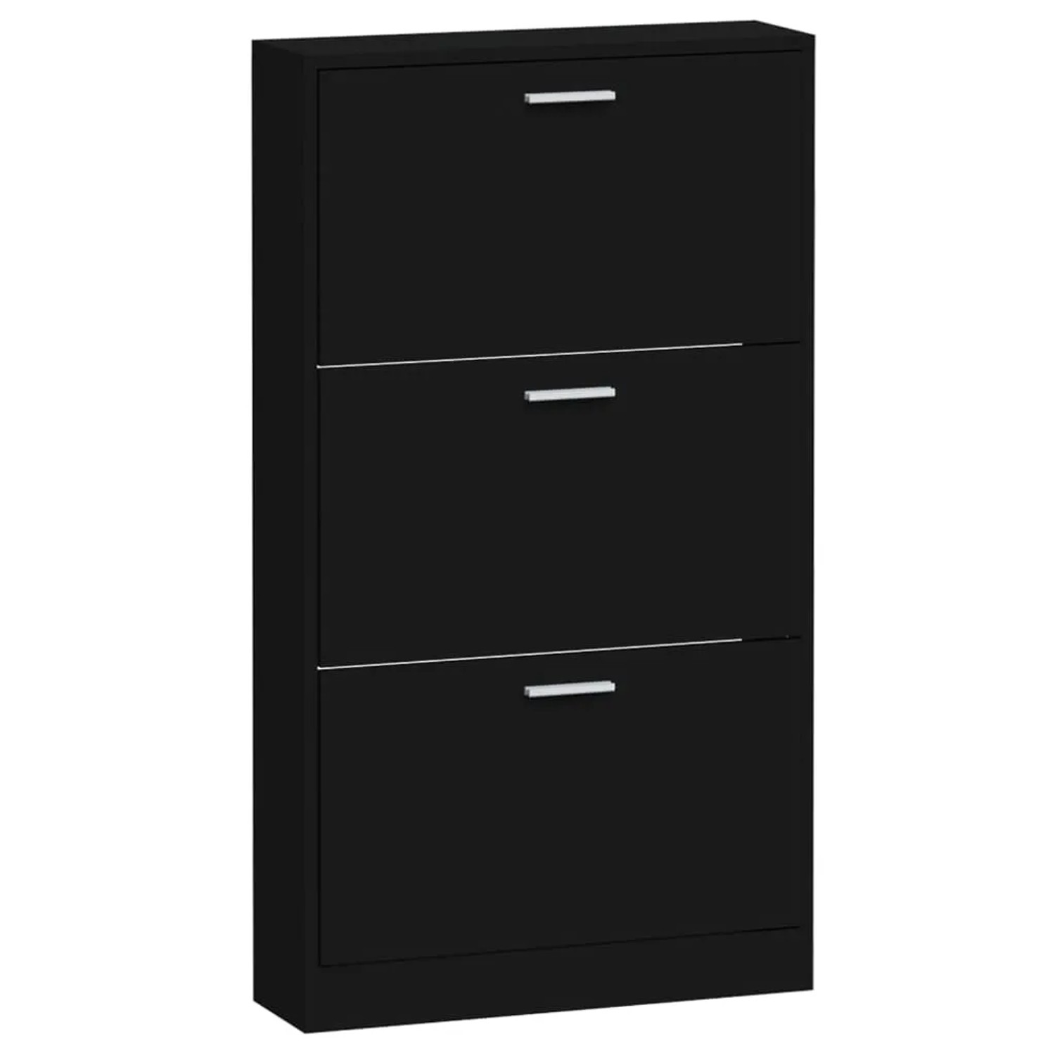 Schwarzer vidaXL Schuhschrank mit drei Klappen aus Holzwerkstoff, 59x17x108 cm.
