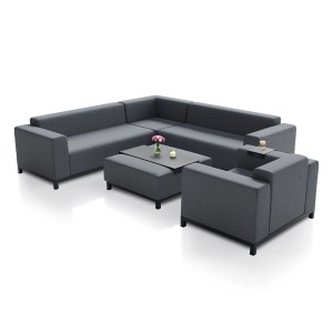 Anthrazitfarbene Juskys Gartenmöbel Lounge Sorano mit Ecksofa, Sessel und Hocker.
