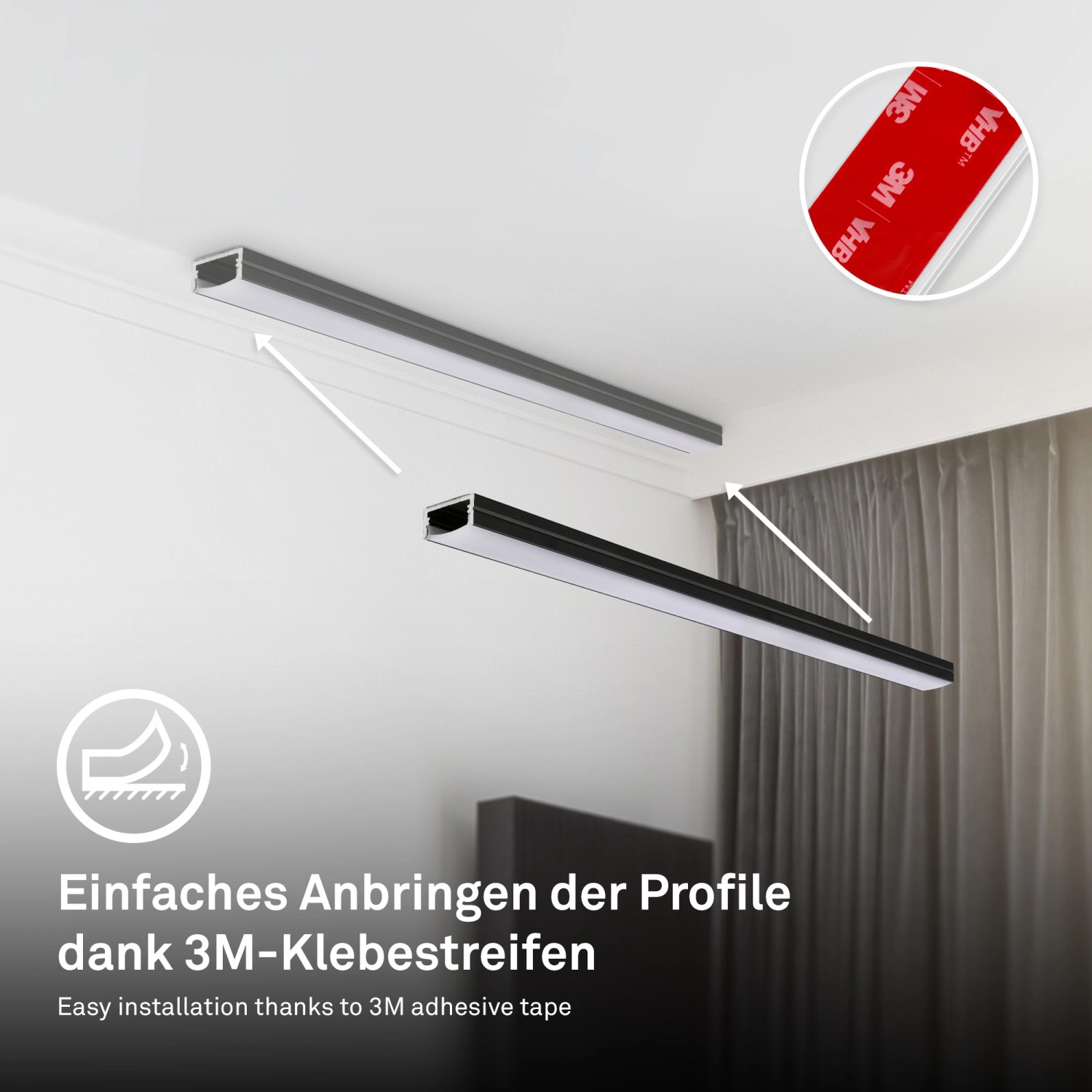 Briloner LED-Band Starter-Set mit 3M-Klebestreifen zur einfachen Montage unter der Decke.