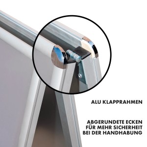 Detailaufnahme: KARAT Kundenstopper aus Aluminium, abgerundete Ecken, Klapprahmen.