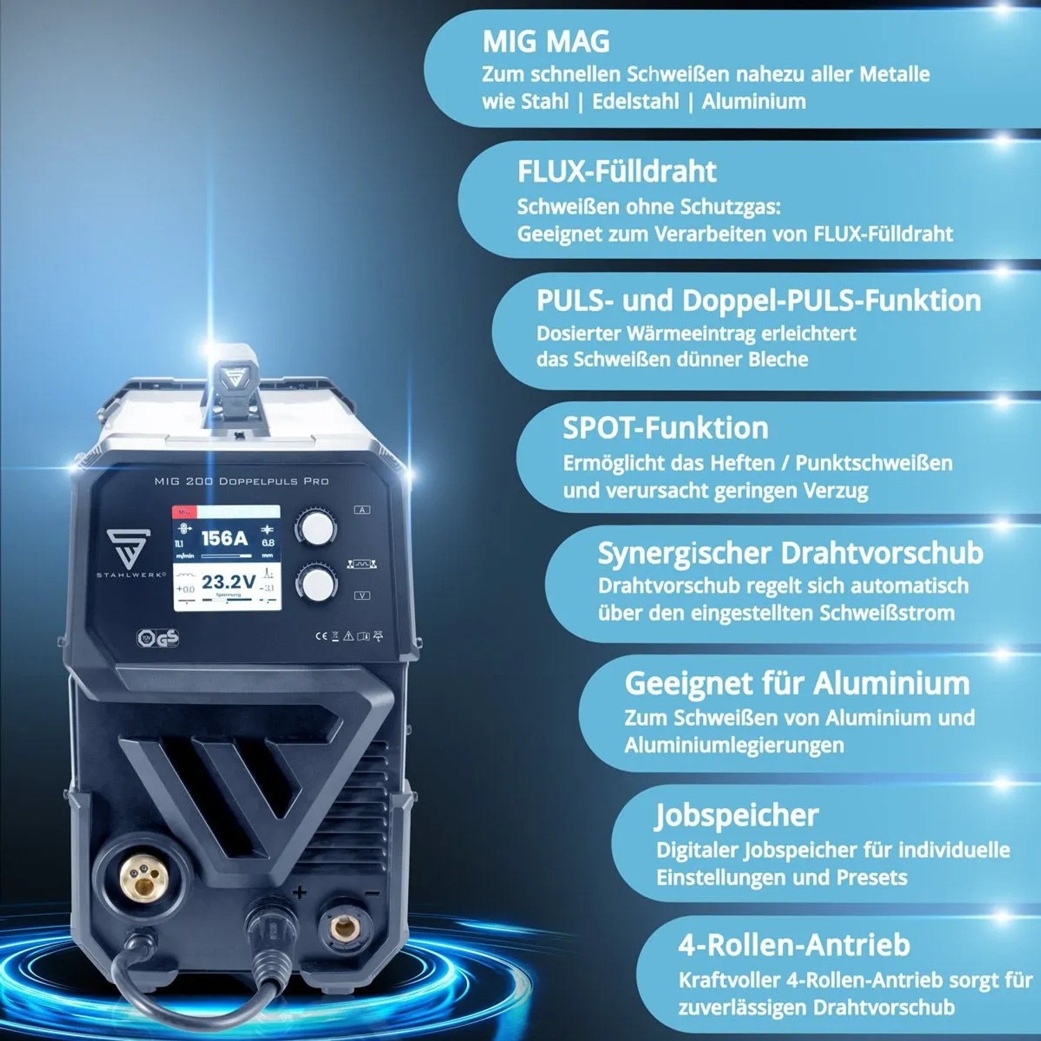 STAHLWERK MIG MAG 200 Doppelpuls Pro Schweißgerät, dunkelgrau, mit Display. Schweißt Stahl, Alu, Edelstahl bis 200A.