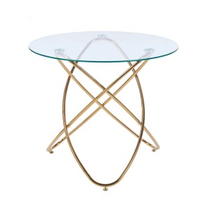 Runder Esstisch mit klarer Glasplatte und goldenen, gekreuzten Metallbeinen für Wohnzimmer.