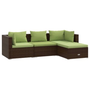 Braunes 4-tlg. Garten Lounge Set aus Rattan mit grünen Kissen.