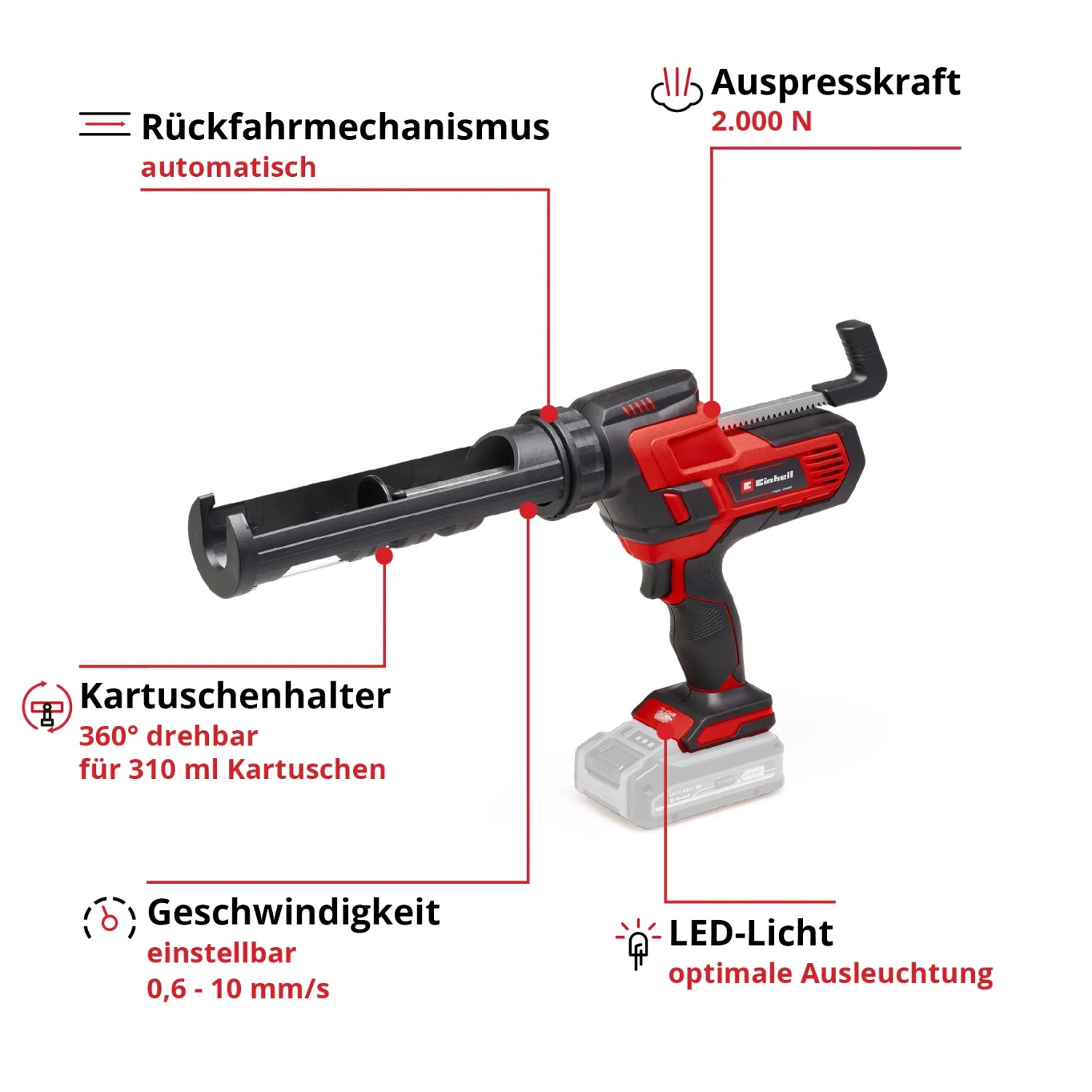 Einhell Akku-Kartuschenpistole TE-SG 18/10 Li Solo, rot/schwarz, mit Akku. Akkugerät für Kartuschen.