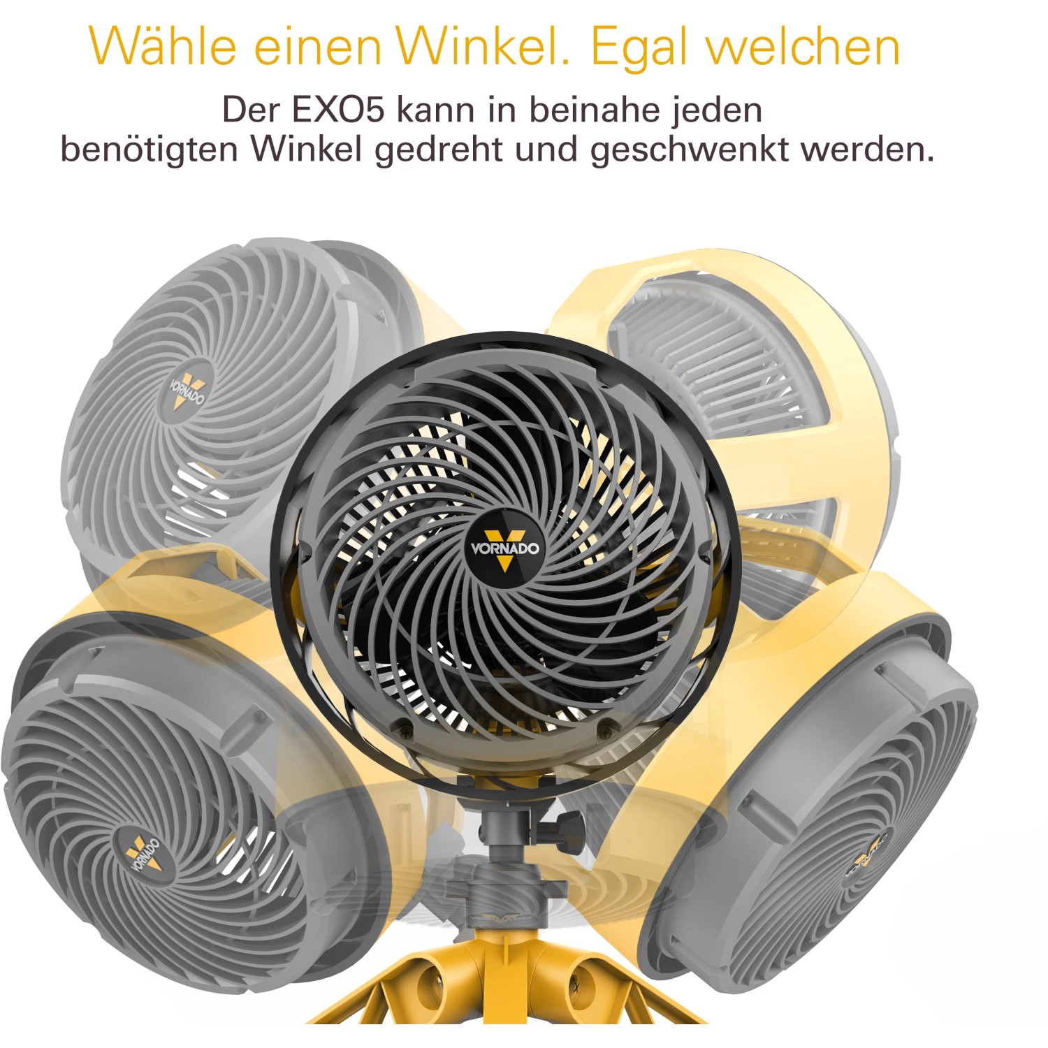Vornado Heavy Duty EXO5 Ventilator, schwenkbar, gelber Standfuß. Ideal für Handwerker.