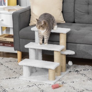 PawHut Haustiertreppe mit Kratzbaum, 3-stufig, mit Katze auf oberster Stufe.